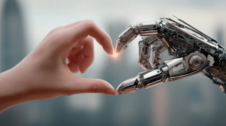 Una mano humana y una mano robótica formando juntas un corazón.