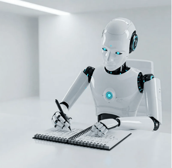 Un androide escribiendo a mano un idioma extranjero.