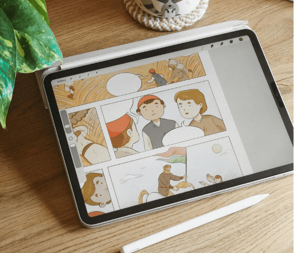 Una tableta digital con un cómic en proceso de escribirle el texto.