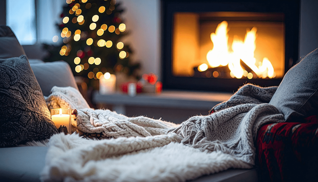 Un salón con decoración navideña, una chimenea encendida, y una manta en el sofá.