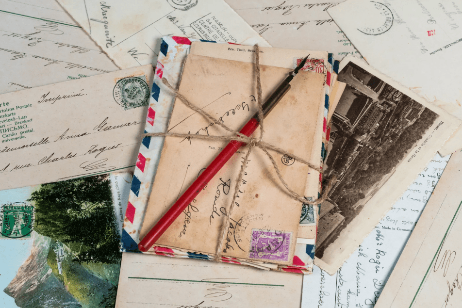 Un conjunto de cartas antiguas, y una pluma.