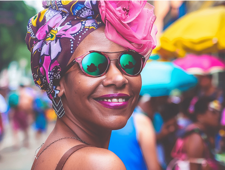 Una joven con gafas de sol y un sombrero florido.
