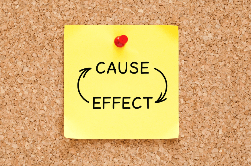 Un post it con dos palabras unidas por dos flechas: "cause" y "effect".