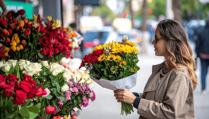 Una joven con un ramo de flores frente a una floristería.